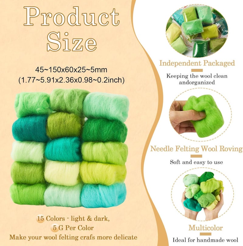 Spritewelry 75G Needle Felting Wool Green Wool Roving for Needle Felting Multicolor Soft Spinning Wool Bulk for Felting DIY Crafts Hand Spinning Supplies - Image 5